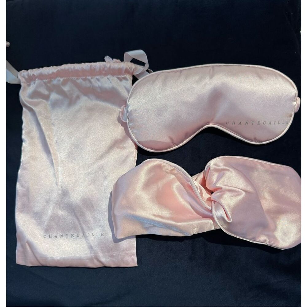 Chantecaille pink satin eye mask and headband with pouch